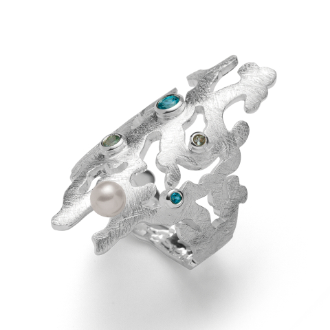 925/- Ring Kratzmatt, Blau Topase, Perle
